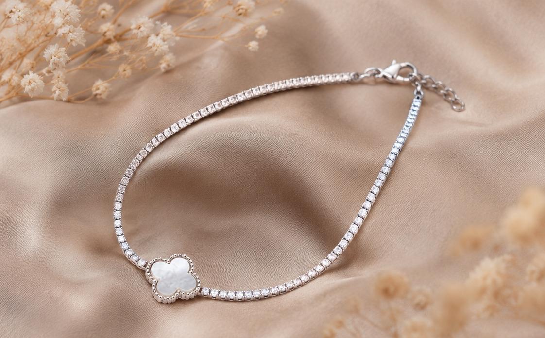 Silver Tennis Bracelet with Mother of Pearl Cover Charm