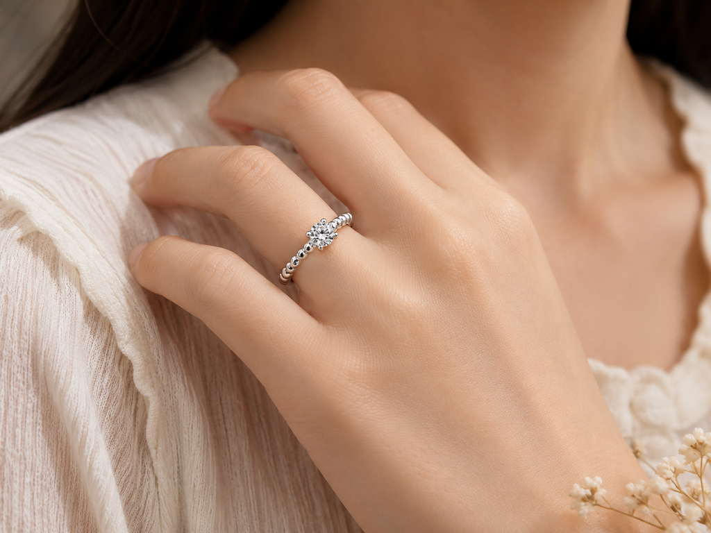Classic Solitaire Beaded Sterling Silver Ring