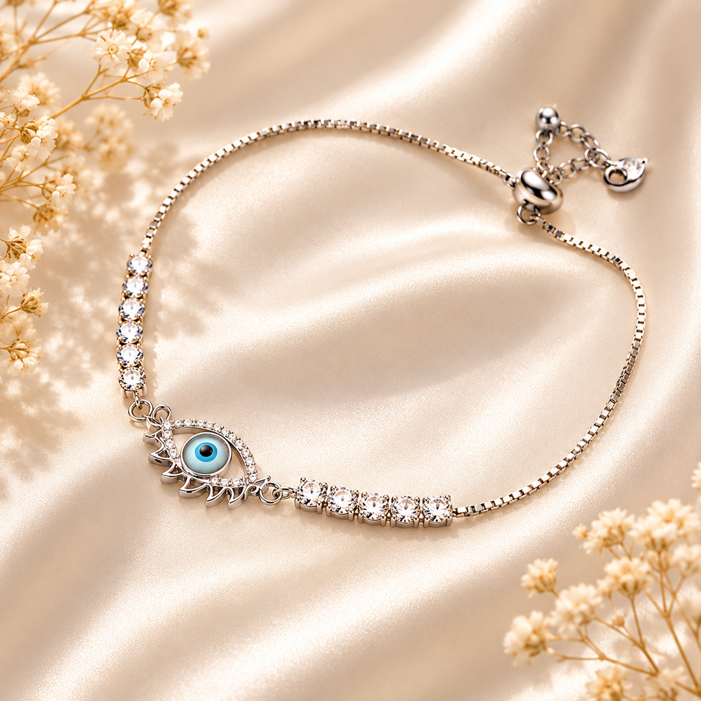 Minimal Siilver Bracelet with Sparkling Evil Eye