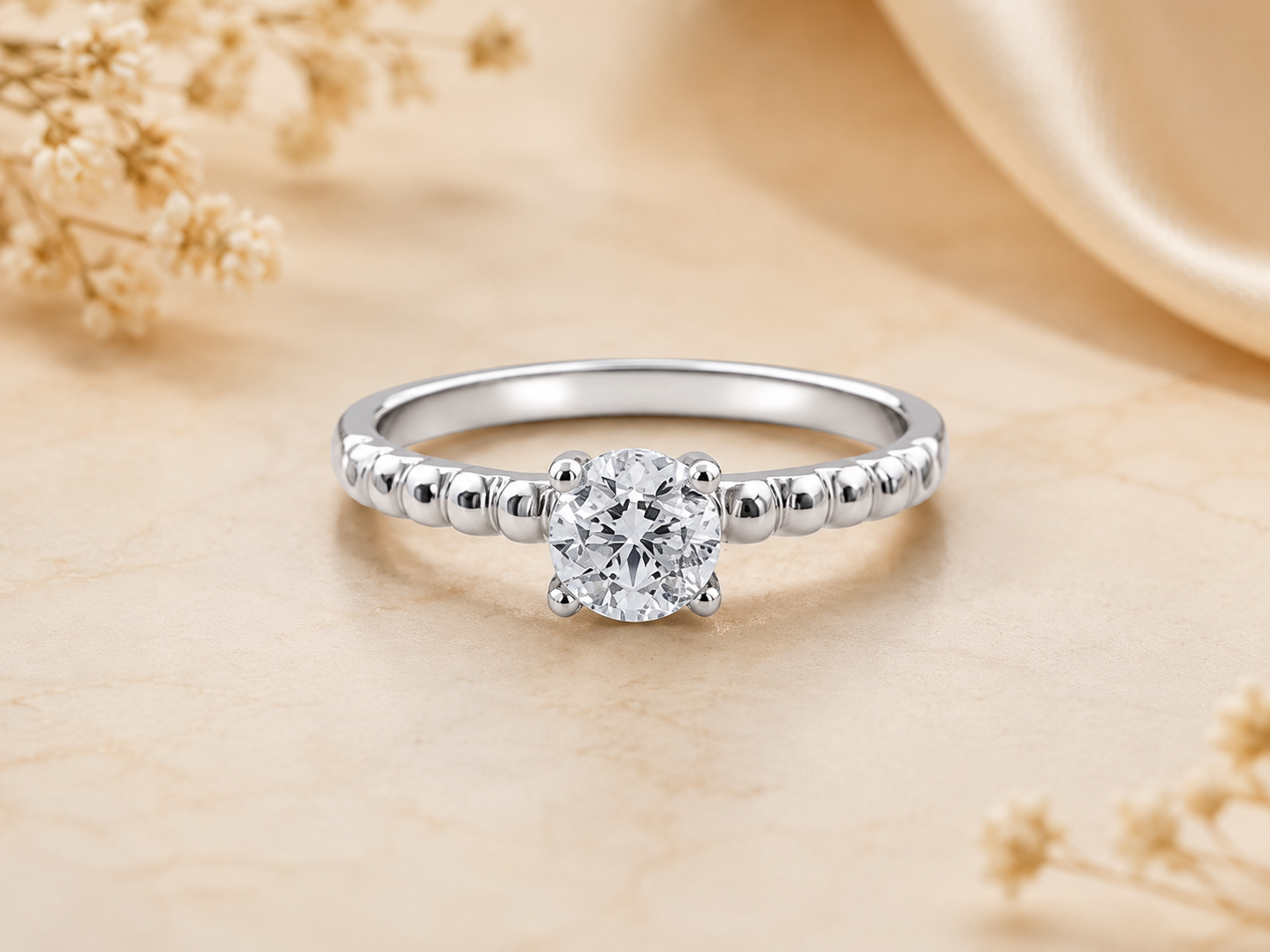 Classic Solitaire Beaded Sterling Silver Ring