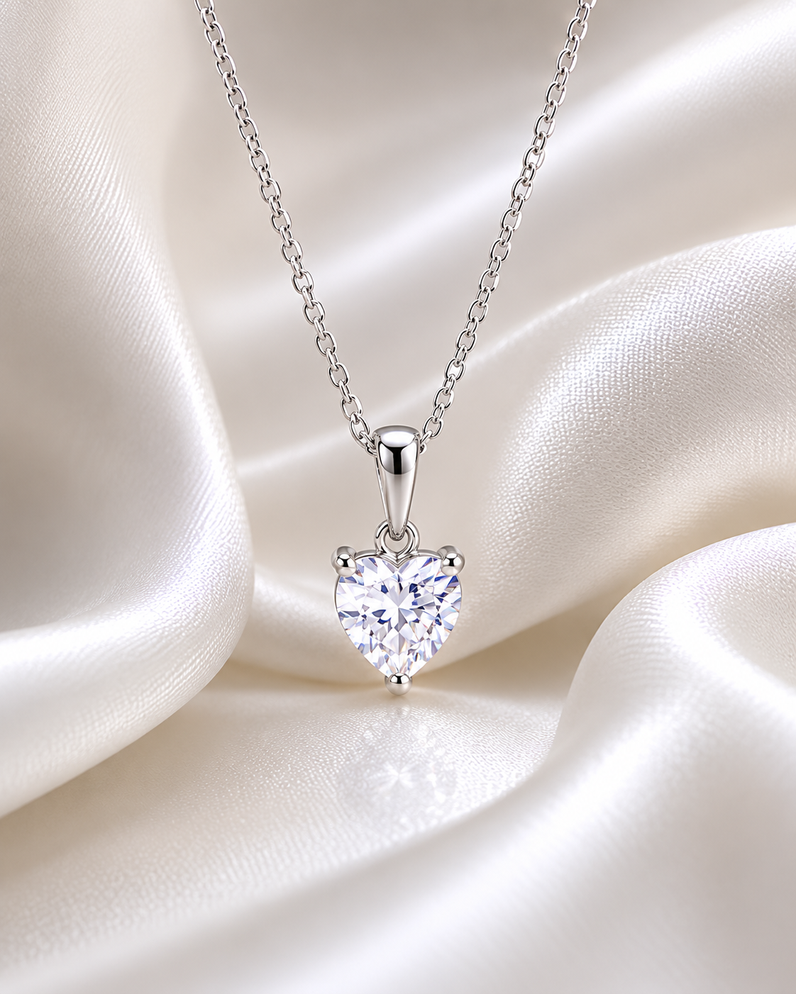 Silver Solitaire Heart Pendant  With Link Chain