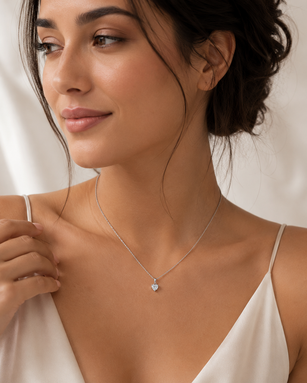 Silver Solitaire Heart Pendant  With Link Chain