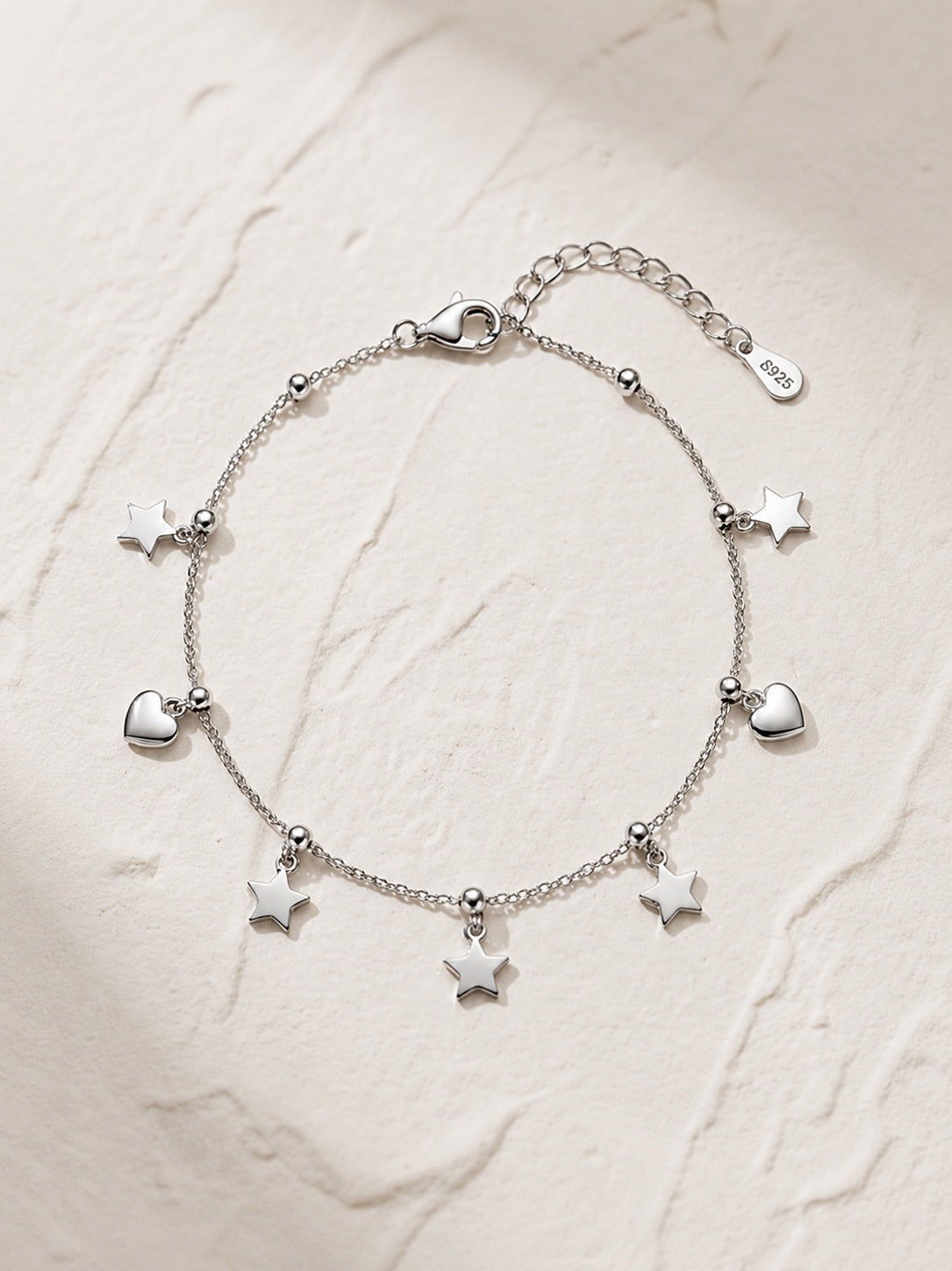 Silver Star & Heart Charm Anklet