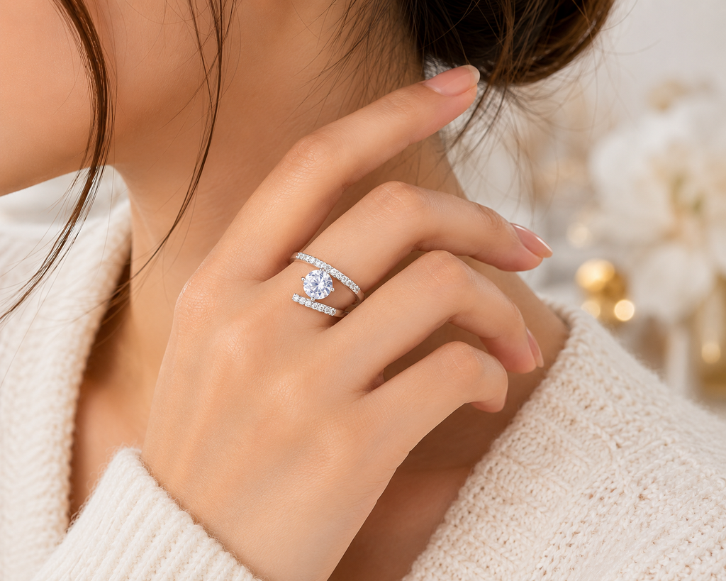Sterling Silver BypassSolitaire Ring Minimalist Everyday Wear